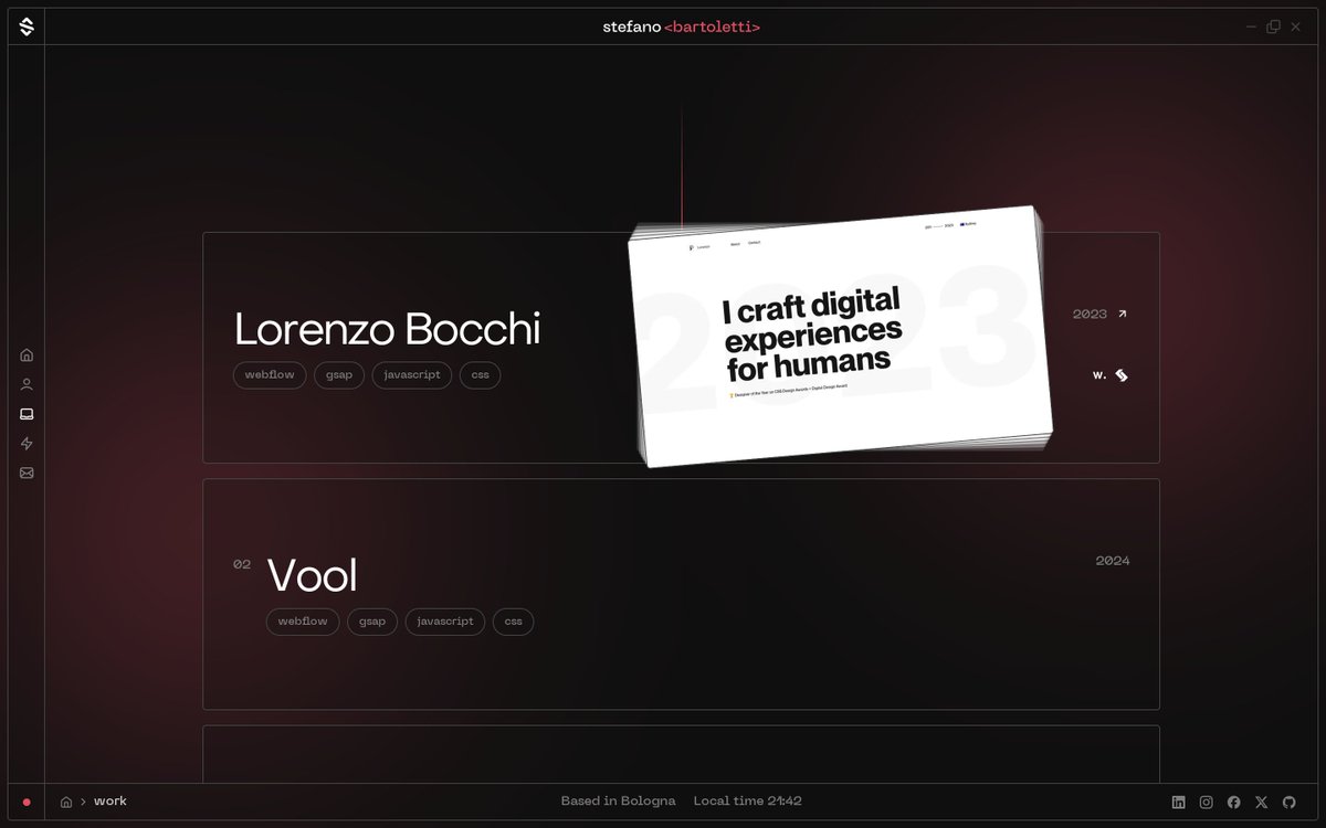 ste_bartoletti's tweet image. My new portfolio website is finally live after many weeks of work!
It has been built with many great techs: @nuxt_js, @tailwindcss, @daisyui_, @storyblok, @Netlify, GSAP by @greensock, Lenis by @darkroomdevs, @threejs via @tresjs_dev.
It is live at stefanobartoletti.it
