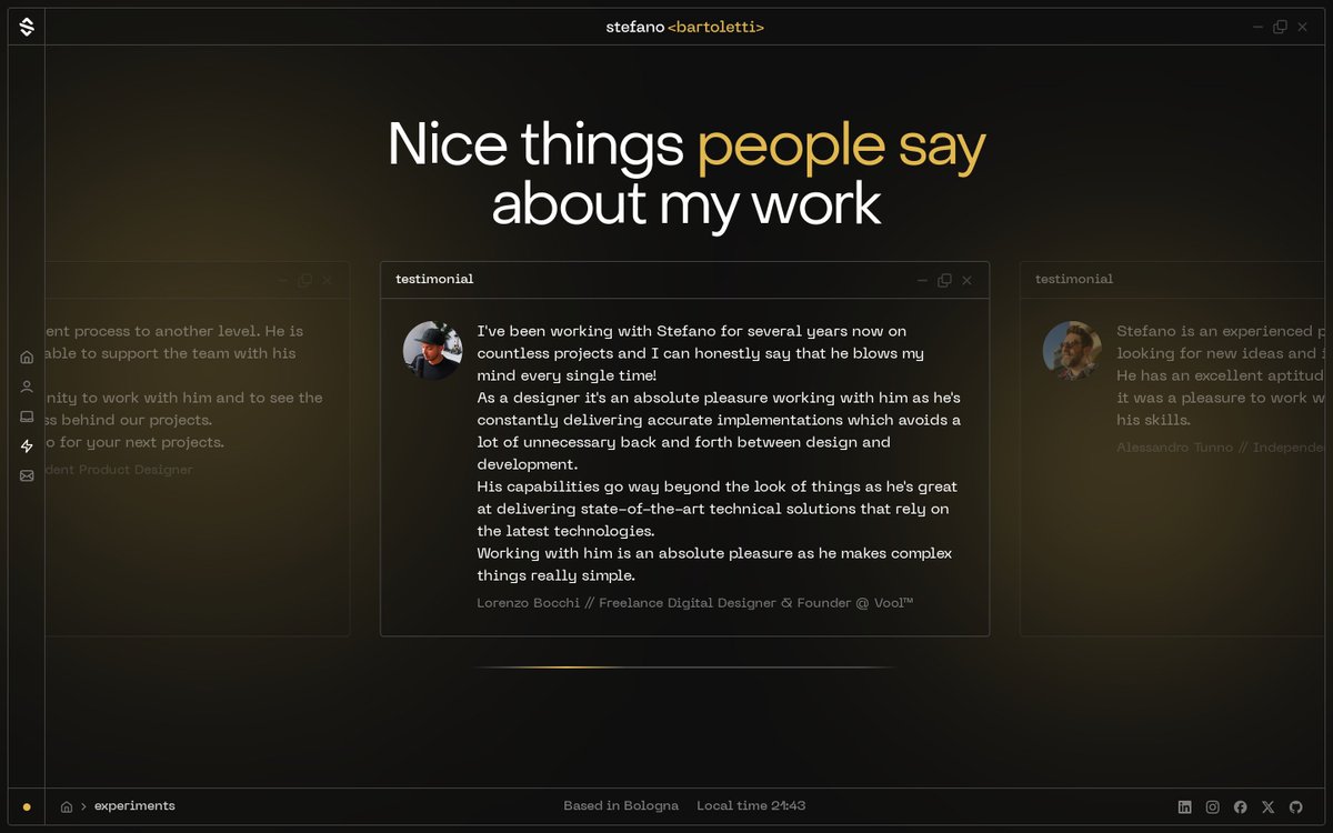 ste_bartoletti's tweet image. My new portfolio website is finally live after many weeks of work!
It has been built with many great techs: @nuxt_js, @tailwindcss, @daisyui_, @storyblok, @Netlify, GSAP by @greensock, Lenis by @darkroomdevs, @threejs via @tresjs_dev.
It is live at stefanobartoletti.it