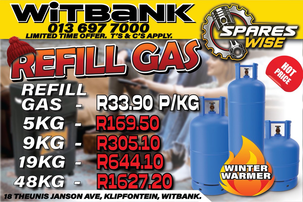 At Spares Wise, we got you covered with our Refill Gas promotion. Don't let the cold catch you off guard!
Join us and spread the warmth this winter!
T's & C's Apply.
#StayWarmSA #LPGasRefill #WinterDeals #SouthAfrica #KeepCozy #EnergySavings #HomeWarmth #WinterPromo #Winter