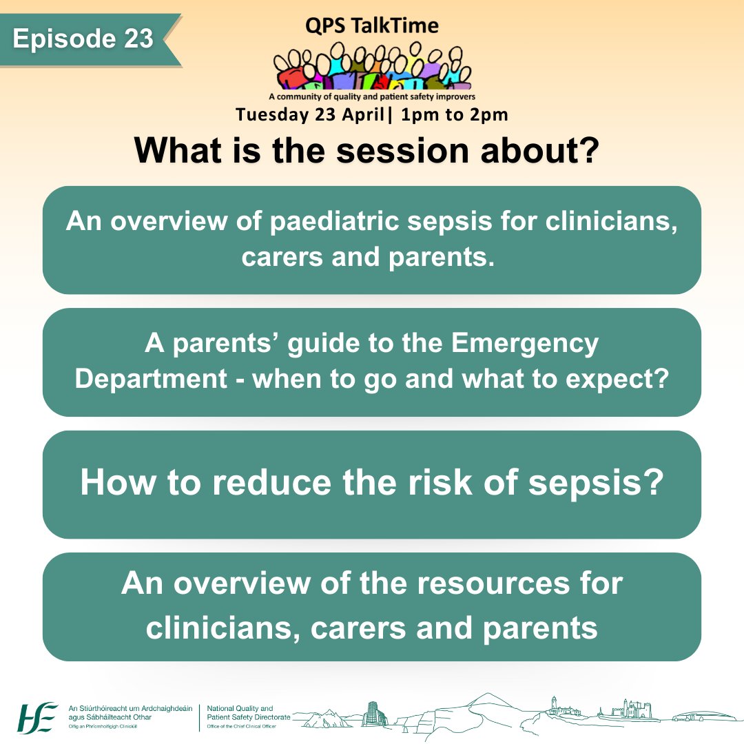 A session not to be missed!🌟 Join us next Tuesday when we will shine a spotlight on sepsis in infants and children with experts in the field of Emergency medicine and Paediatric medicine. #recognisesepsis Register at this link www2.healthservice.hse.ie/organisation/n…
