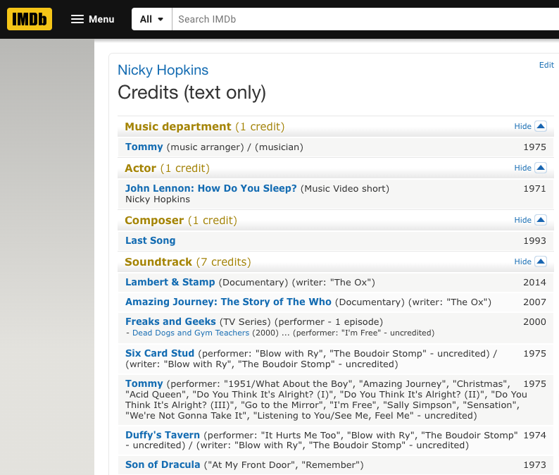 Who knew that Nicky Hopkins was listed in the credits of so many movies or TV shows? (25!) imdb.com/name/nm0394250…