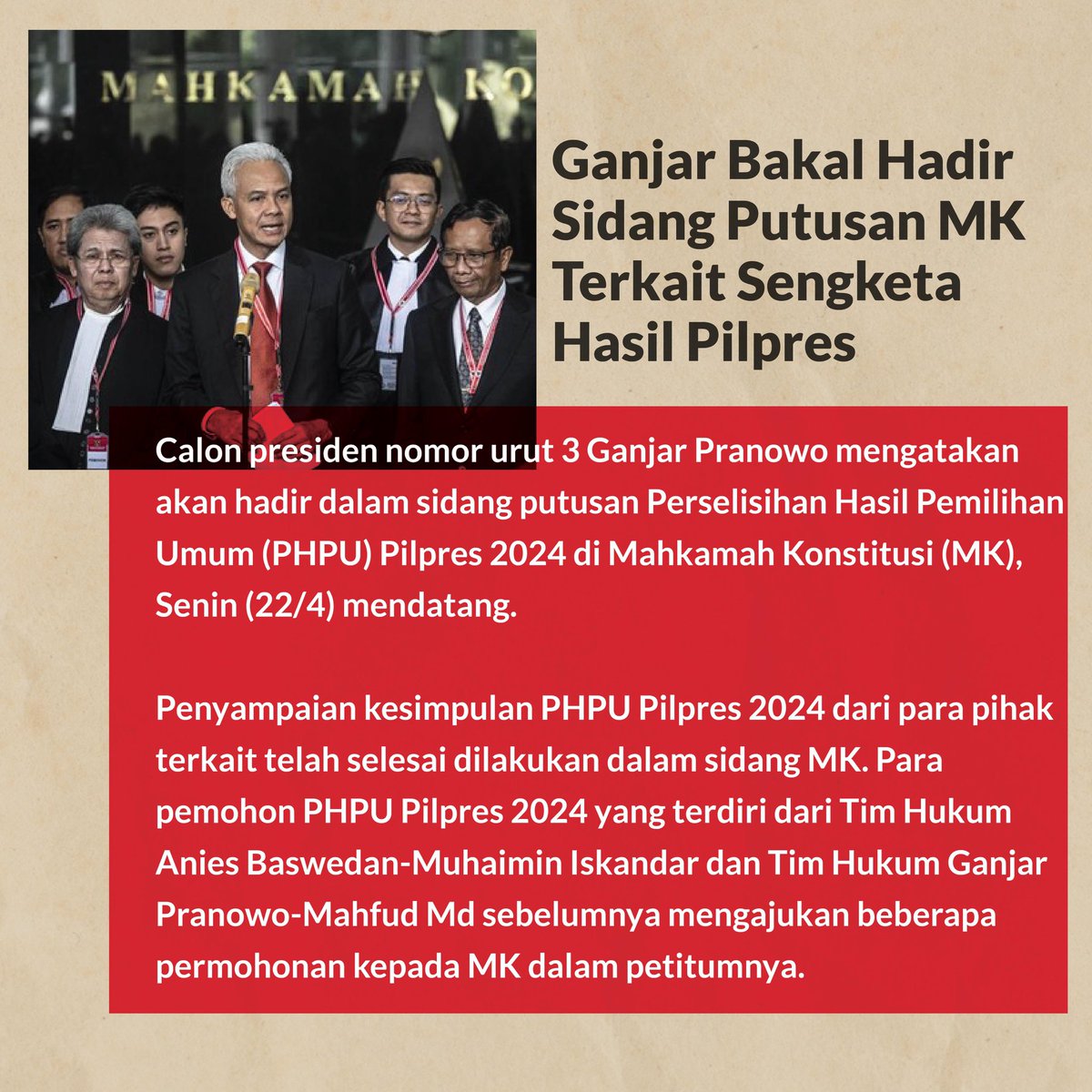 Hasil sidang sengketa yang digelar di Mahkamah Konstitusi Republik Indonesia akan dilaksanakan pada tanggal 22 April 2024. Dipastikan Ganjar Pranowo menghadiri pembacaan keputusan pada hari tersebut. 

#ganjarmahfud #ganjarmahfudflashnews #KabarGAMA #mahkamahkonstitusi