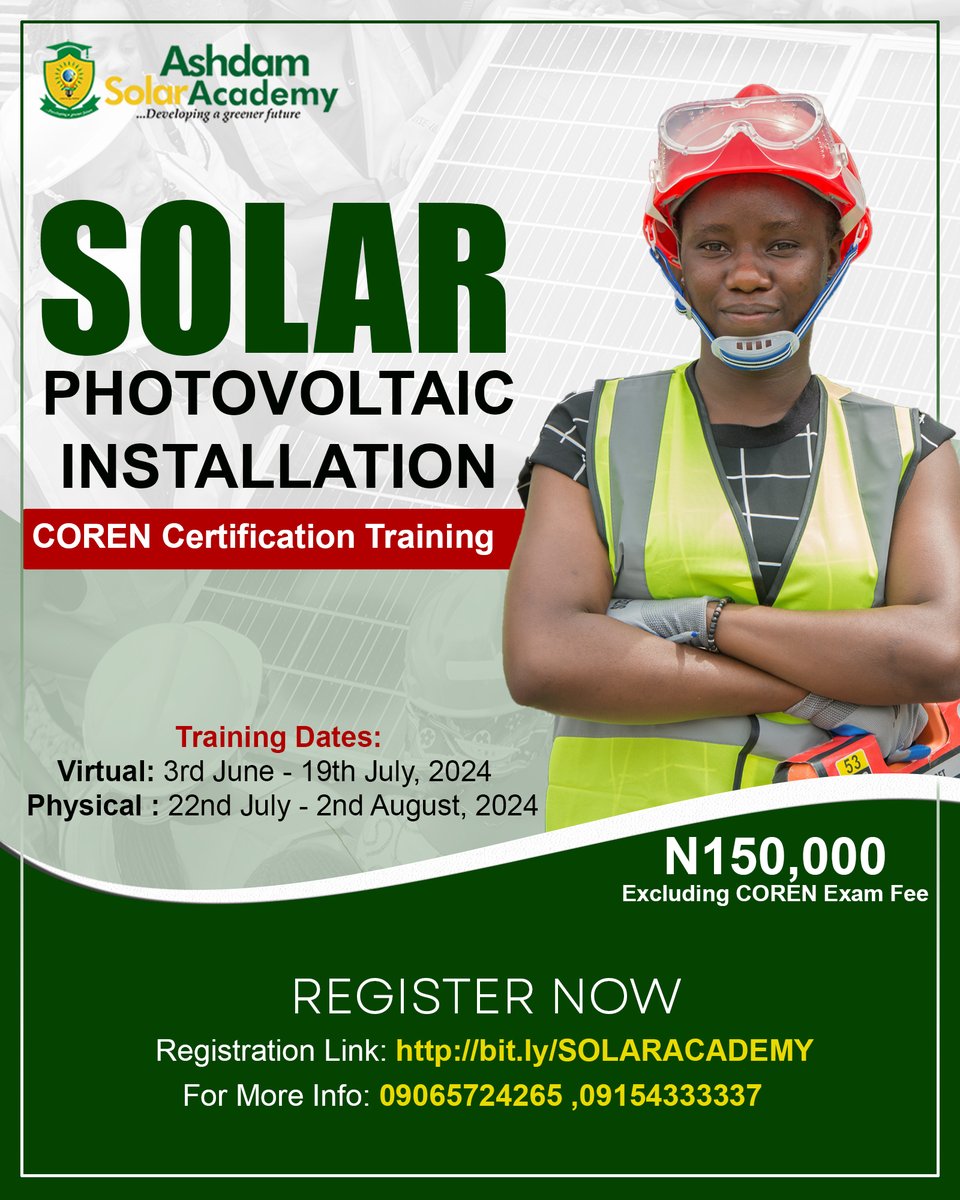 Are you ready to become a COREN-certified Solar Photovoltaic installer? Join our upcoming Solar Photovoltaic Installation COREN certification training and become a certified solar energy professional!

Click on the link below to register: bit.ly/SOLARACADEMY