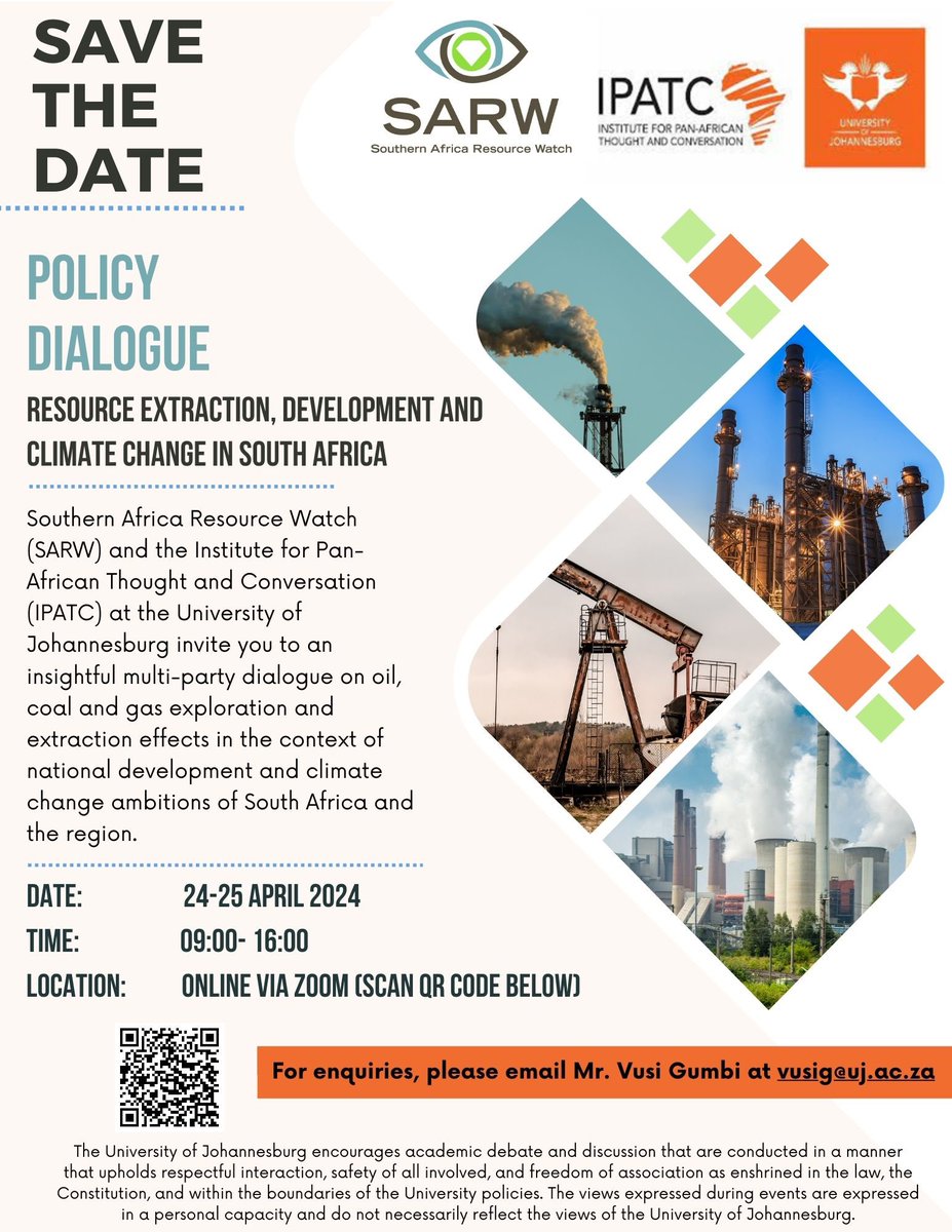 Save the date: April 24th - 25th for an impactful dialogue on oil, coal, and gas exploration’s impact. Hosted by Southern Africa Resource Watch and IPATC at the University of Johannesburg, join us for enlightening discussions on national development and climate goals. Don’t miss