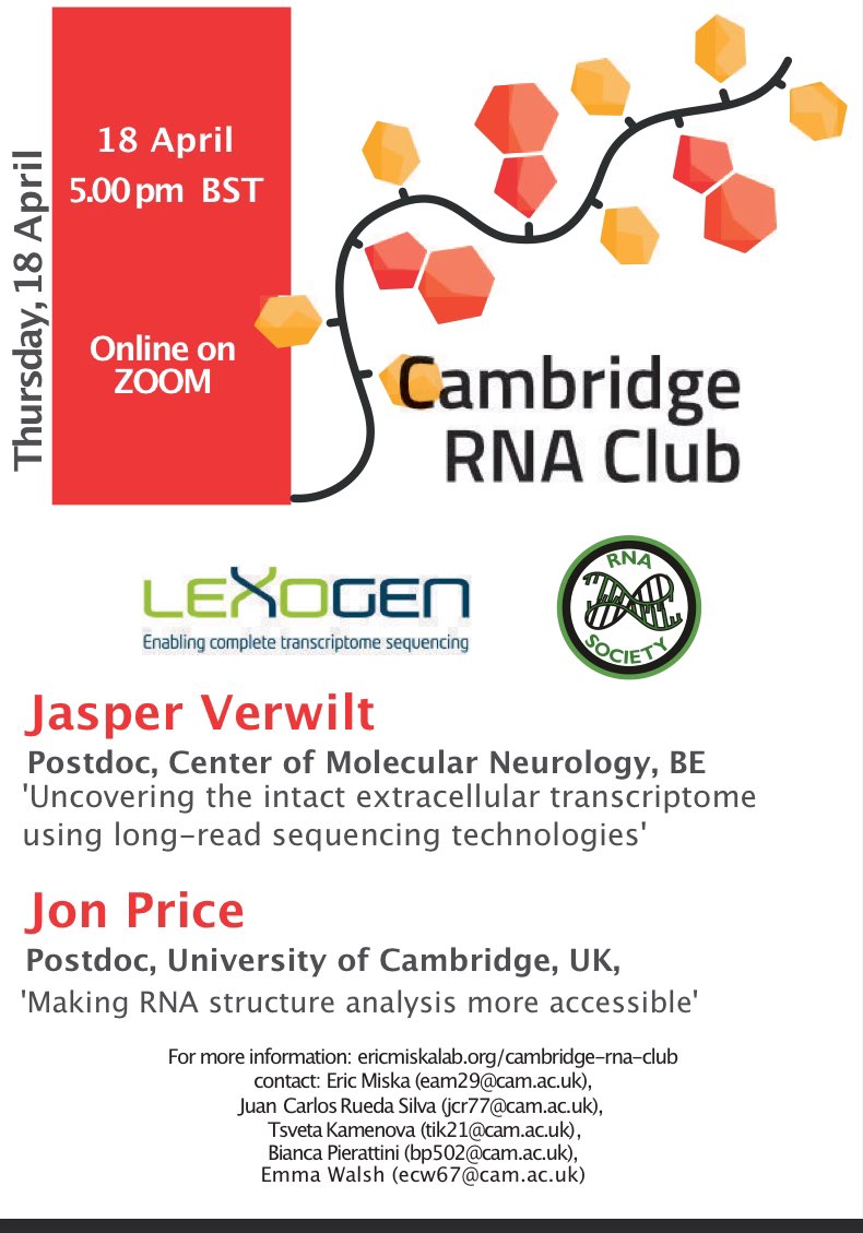 Today is the day folks, RNA Club! 🤩 We are looking forward to virtually hosting <a href="/JVerwilt/">Jasper Verwilt</a> and <a href="/Jon_LP/">jp</a> at 5 pm BST for some RNA discussions. Thank you to our sponsors <a href="/RNASociety/">The RNA Society</a> and <a href="/lexogen/">Lexogen</a>! If you need more RNA in your life please sign up to our mailing list. Link in the bio!