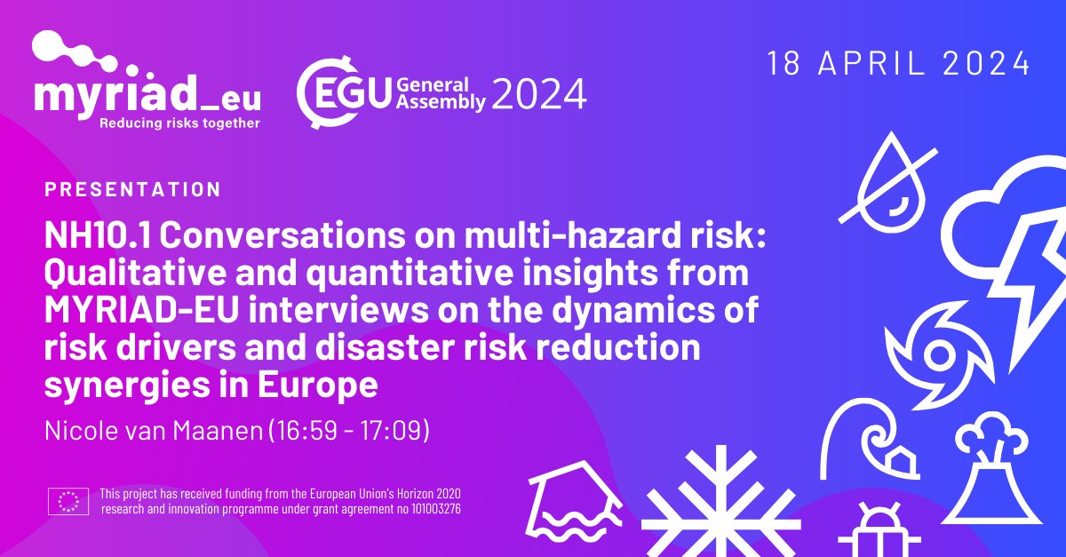 🌟 Day 4 at EGU 2024! Two sessions, five presentations from MYRIAD-EU researchers! 🚀🎤 #EGU2024 #ReducingRisksTogether