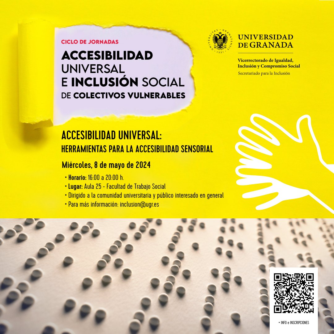 ➡ Jornada: Accesibilidad Universal: herramientas para la accesibilidad sensorial Objetivos: Conocer las herramientas y tecnología disponible para la accesibilidad visual y auditiva. Más información: escribir a inclusion@ugr.es