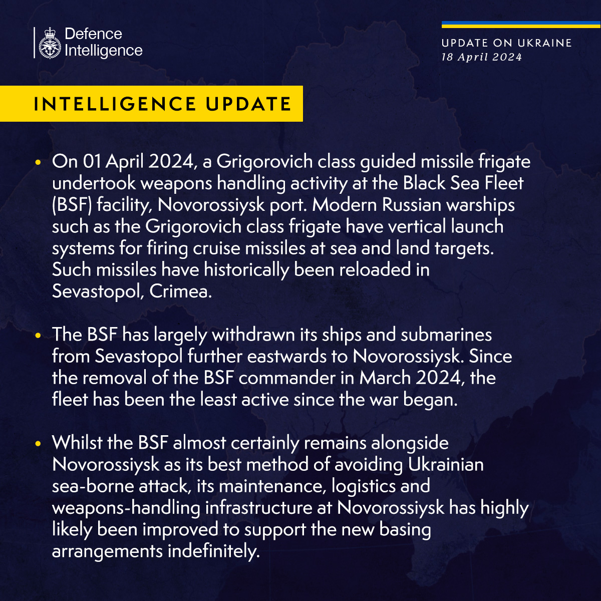 Latest Defence Intelligence update on the situation in Ukraine – 18 April 2024. Find out more about Defence Intelligence's use of language: ow.ly/qtg750RfvEw #StandWithUkraine 🇺🇦