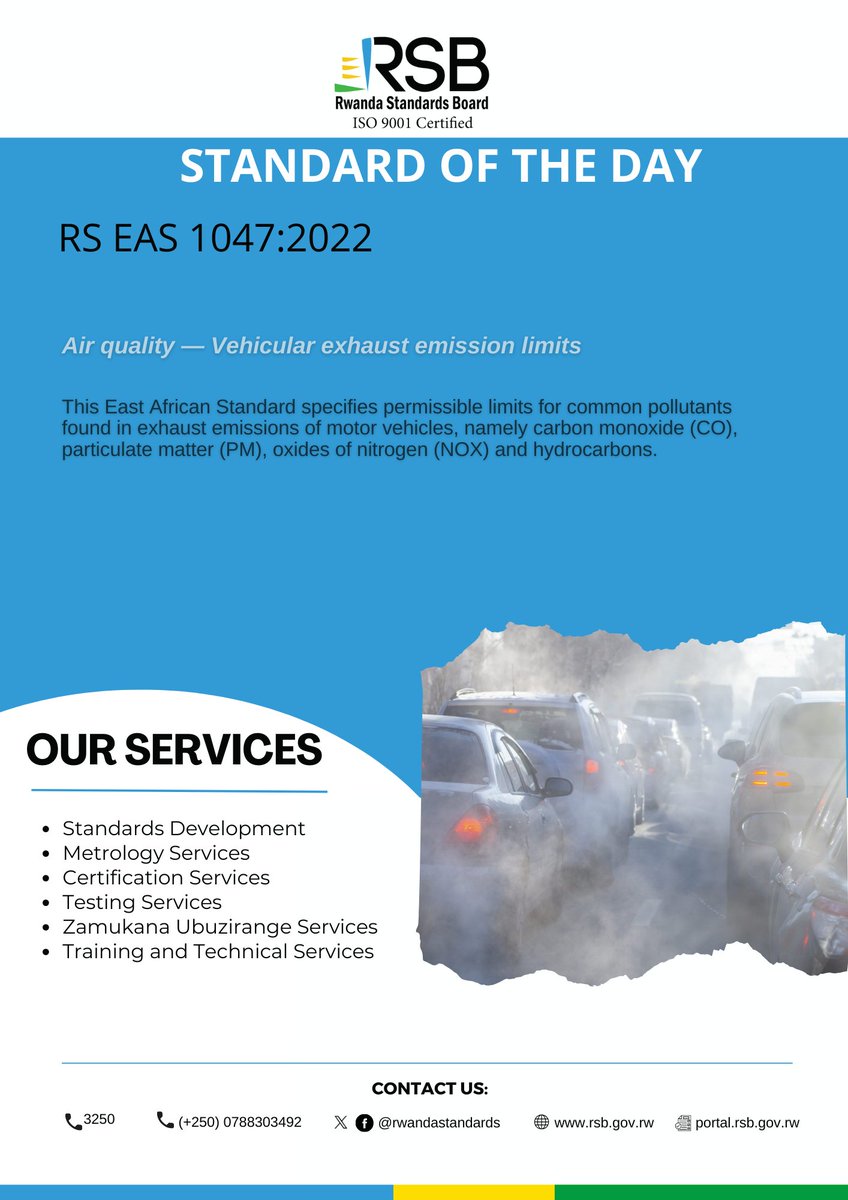 rwandastandards's tweet photo. #STANDARDOFTHEDAY

RS EAS 1047: 2022 Air quality-Vehicular exhaust emission limits.

@MurenziRaymond @REMA_Rwanda @Juliet_Kabera @EnvironmentRw @MujaJeanne @EnviroRwanda @RwandaInfra @RURA_RWANDA @SamKamugisha1 @GATERAEmmanuel #RwOT https://t.co/EpMTTwCrcH