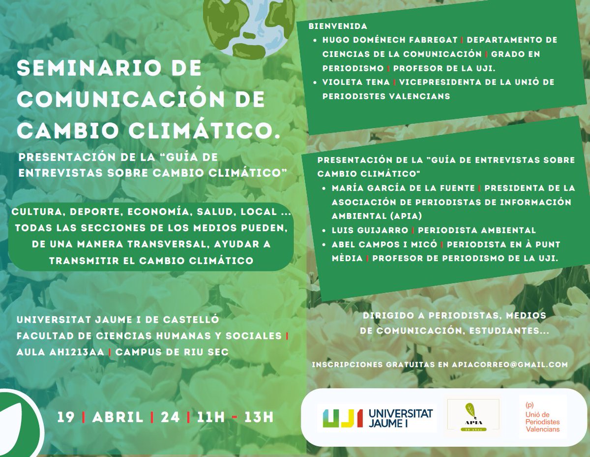 ‼️Es mañana‼️ Seminario de Comunicación de #CambioClimático 🗓 19/4/24 🌍 Castellón 🏢Universitat Jaume I. Facultat de Ciencias Humanas y Sociales. ⏰11.00-13.00 h ✍Gratuitas apiacorreo@gmail.com ➕ aquí 👇 apiaweb.org/2024/04/11/sem…