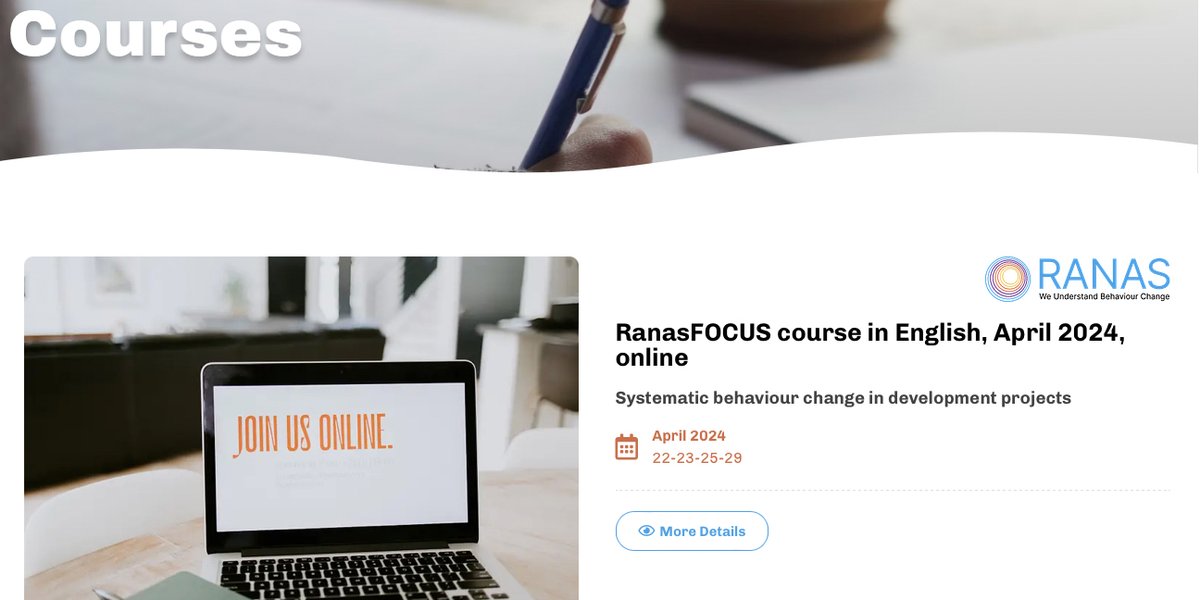 Save the Date! Interested in learning the #RANAS approach to #behaviourchange? The course: 'RanasFOCUS: Systematic behaviour change in development projects' will be online 10:00-13:00 on 22, 23, 25 and 29 April 2024. For more information, go to: ranas.ch/courses/