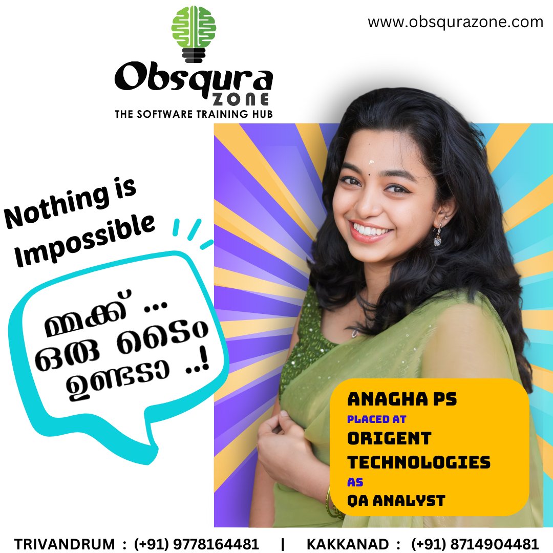 💐Congrats, Anagha for your new Career as Jr. QA Analyst - Origent Technologies 📲For more info please contact: 📍Trivandrum Call/WhatsApp:(+91) 9778164481 📍Kakkanad Call/WhatsApp:(+91) 8714904481 #Placement #Congrats #ObsquraZone