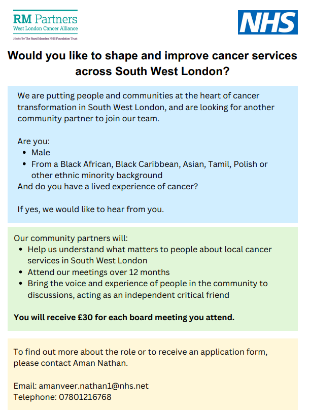 Would you like to help shape & improve #cancer services across #SWLondon? @RMPartnersNHS is actively looking for men from #BAME & #polish heritage with lived experience of cancer to join their community partners team. See below for details #ExpOfCare #PatientEngagement #LWBC