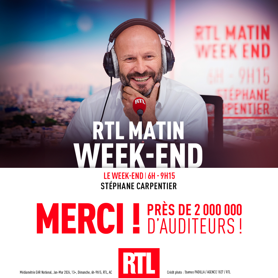 RTL Pro : RTL - RTL2 - FUN RADIO (@rtl_presse) on Twitter photo 🎙🔴#AudiencesRadio MERCI !
Vous êtes toujours plus nombreux à l’écoute de RTL Matin Week-end de <a href="/StphCarpentier1/">Stéphane Carpentier</a> sur <a href="/RTLFrance/">RTL France</a> :
👏 2 millions d’auditeurs (+238K auditeurs)
📈 17,4% de PDA
#Radio #Médiamétrie #RTLMatinWeekend 🎙🔴#AudiencesRadio MERCI !
Vous êtes toujours plus nombreux à l’écoute de RTL Matin Week-end de <a href="/StphCarpentier1/">Stéphane Carpentier</a> sur <a href="/RTLFrance/">RTL France</a> :
👏 2 millions d’auditeurs (+238K auditeurs)
📈 17,4% de PDA
#Radio #Médiamétrie #RTLMatinWeekend