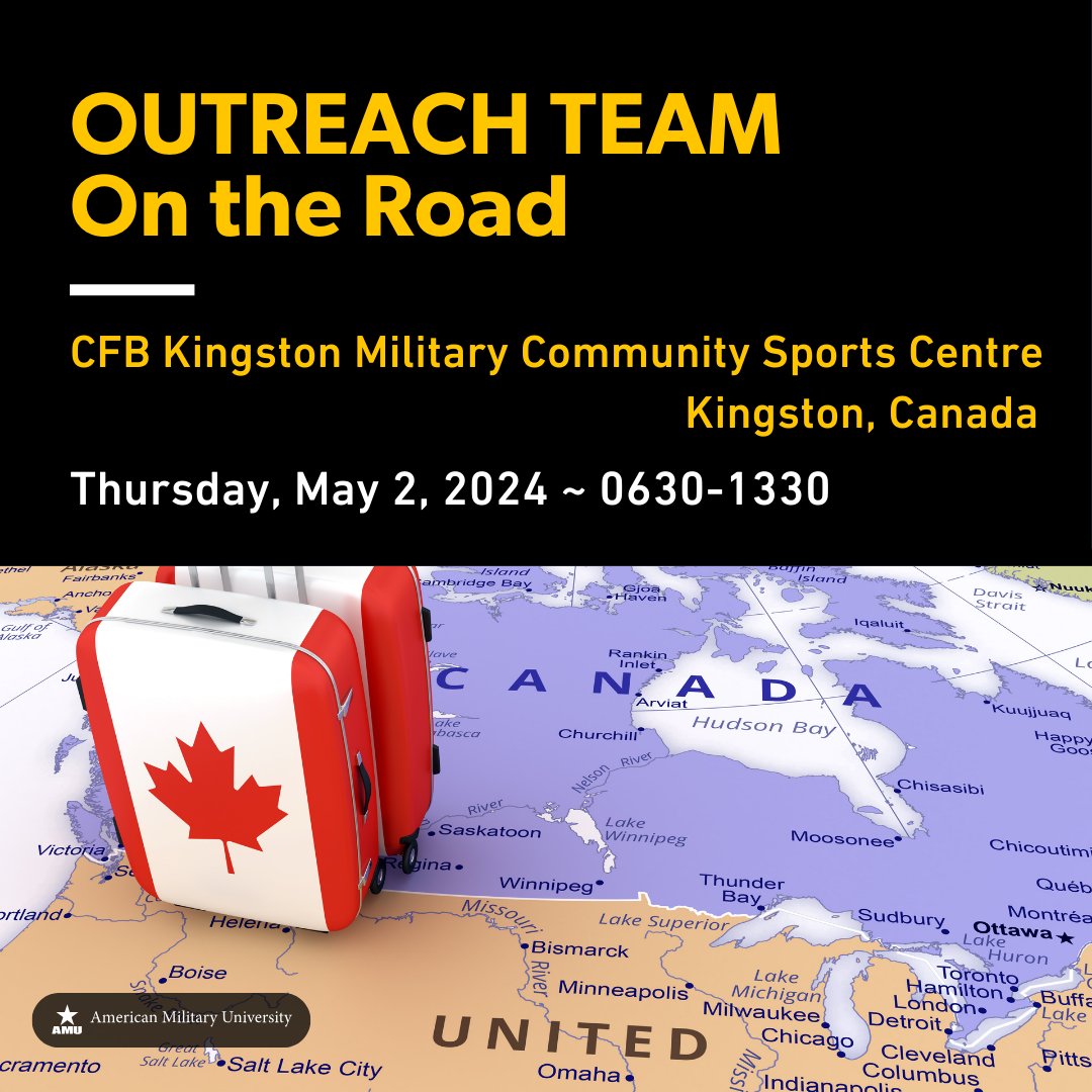 AmericanMilU's tweet photo. Our #OutreachTeam is on the road! 🗺️
In the Kingston area? Joe Warhol and Zayda Cooper will be set up and ready to meet with students and alumni on May 2, 0630-1330 ET, at the CFB Kingston Military Community Sports Centre.
#servingthosewhoserve #AMUinsight #studentjourney https://t.co/vNd9DGAts4