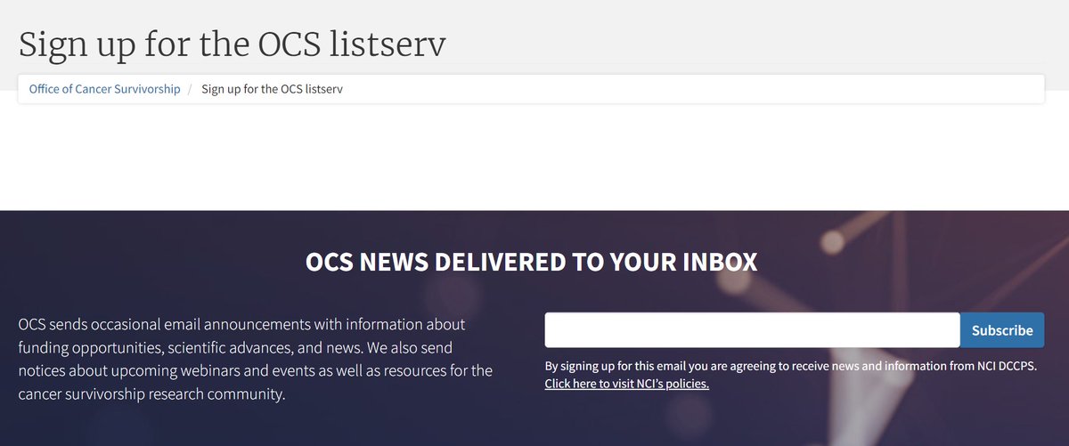 Join our listserv! Get updates on #cancersurvivorship funding, webinars, and more delivered to your inbox. cancercontrol.cancer.gov/ocs/e-newslett…