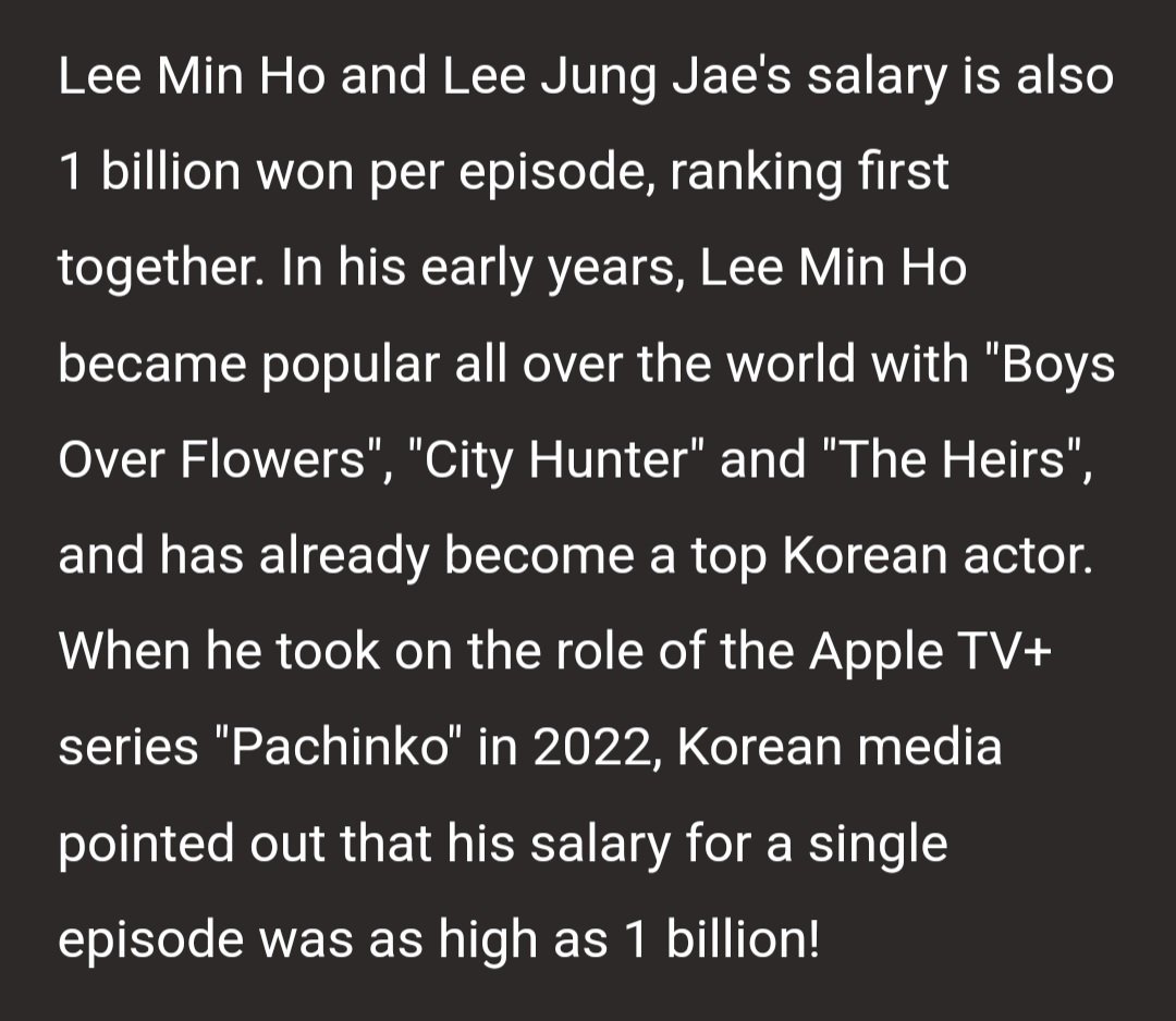 Kstar salary rankings!
TOP1 #LeeMinHo &LeeJungJae's salary is also 1bil won/ep,ranking 1st together.LMH became popular all over the world with BOF,CH &TH,&has already become a top Kactor.Kmedia pointed out his salary was as high as 1bil/ep for Pachinko🔥
🔗she.com/entertainment/…