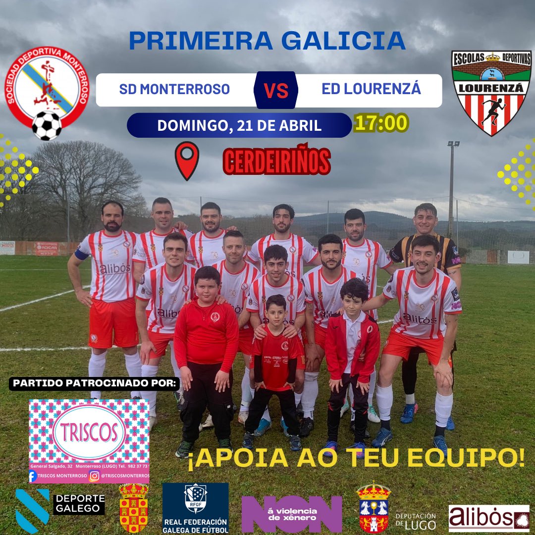⚠️ XORNADA 30 ⚠️

➡️ Partido patrocinado por @triscosmonterroso . Moitas gracias por colaborar con nós ♥️

⚽️ SD Monterroso 🆚 ED Lourenzá

🗓️ Domingo 21

🕒 Ás 17:00

📍 Cerdeiriños

♥️🤍 GO REDS 🤍♥️