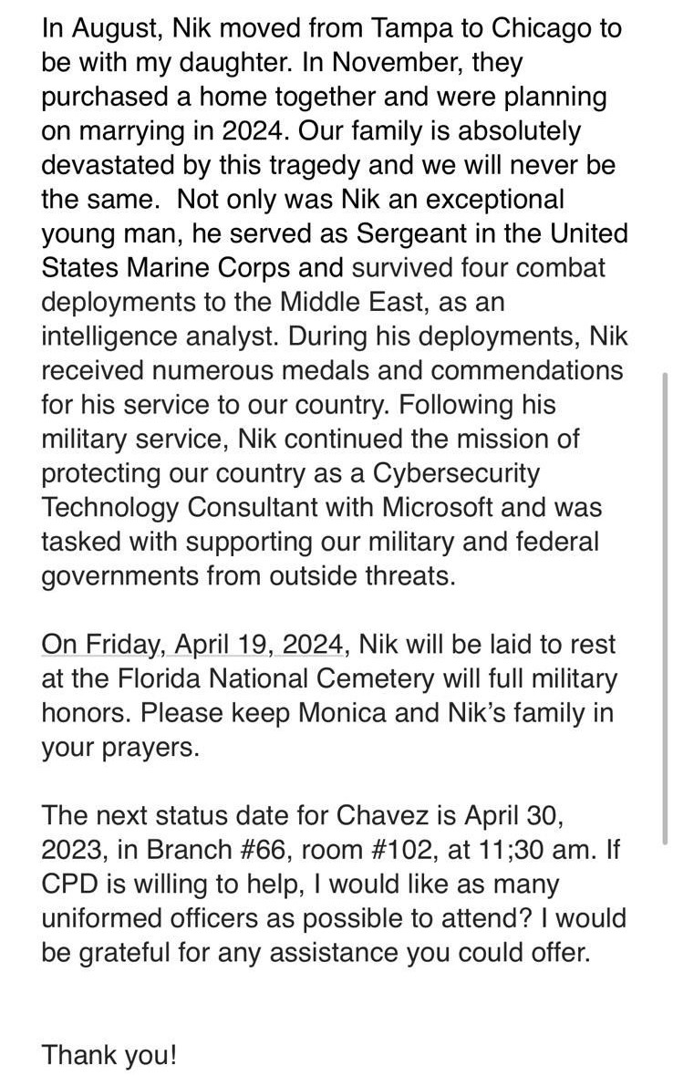 ChicagoContrar1's tweet photo. Terrible tragedy here.

On April 7, former USMC Sgt. Nik Hutto was struck and killed on I-55 by an uninsured, unlicensed illegal driving drunk. 

Nik's killer shouldn't be back on the streets, but a judge will decide if he will be released pending trial on April 30.

Please RT. https://t.co/xnDjP1FkGm