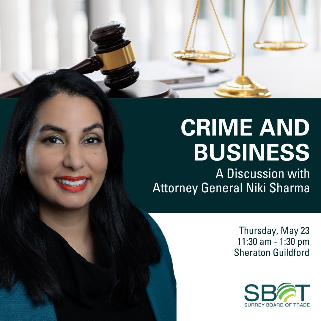 Crime is a business issue. BC's Attorney General has a significant role in dealing with city-building issues such as prolific offenders, public safety, court availability + judicial accountability. Hear from AG @nikisharma2 on these issues. Register: ow.ly/hiOv50RiEXC