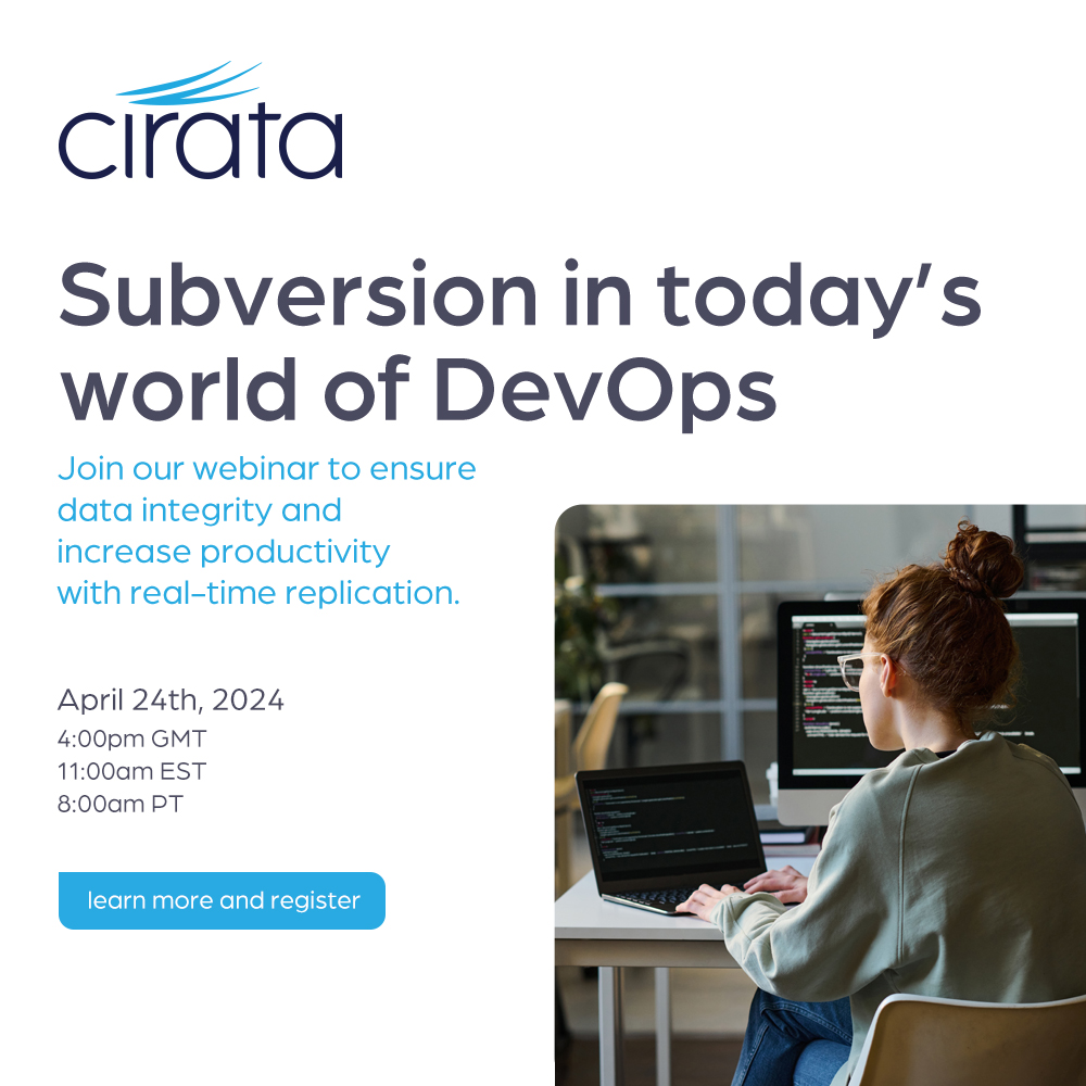 Join us on Wednesday April 24th, and learn how you can maximize the efficiency of your Subversion (SVN) software and: ✔ Avoid latency with globally distributed teams ✔ Reduce downtime ✔ Achieve real-time replication Register below! cirata.com/company/events… #DevOps #Webinar