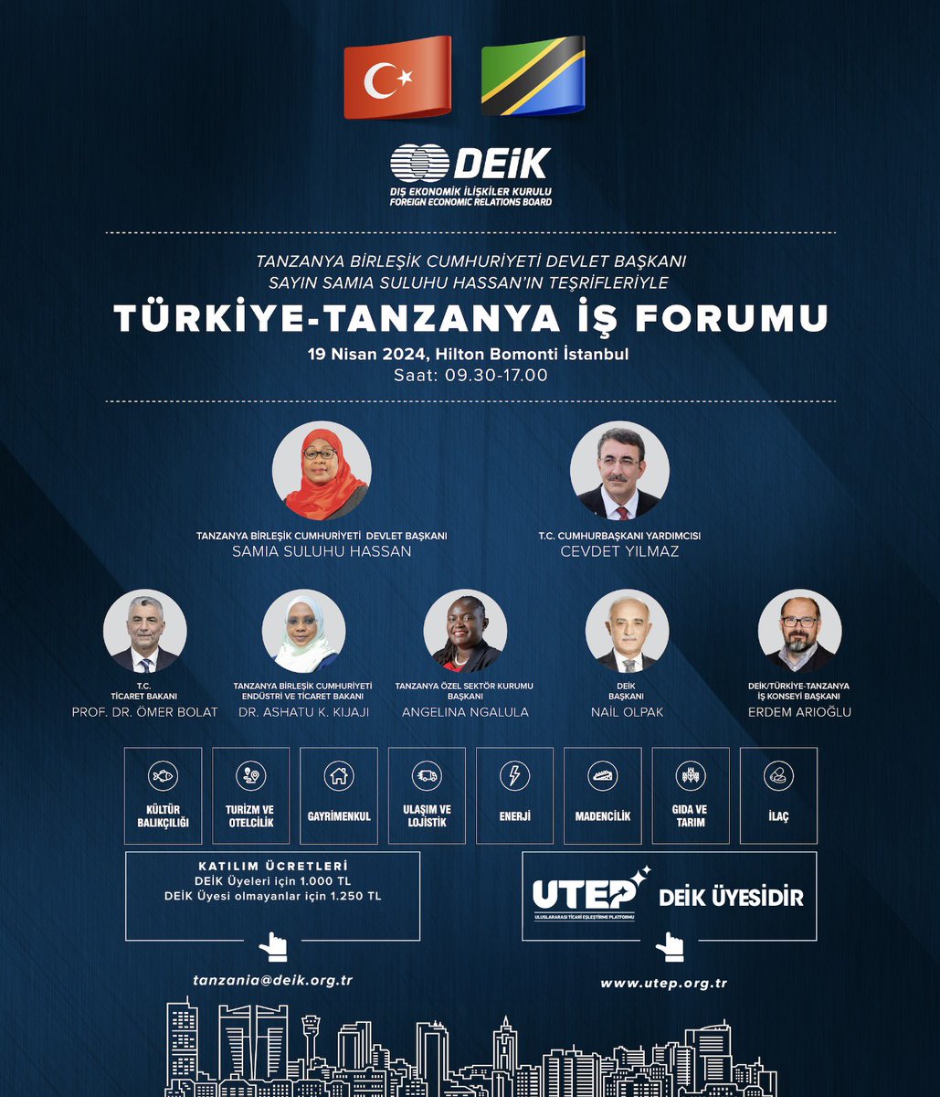 BursaUtep's tweet photo. Türkiye-Tanzanya İş Forumu Tanzanya Birleşik Cumhuriyeti Devlet Başkanı Samia Suluhu Hassan ve beraberindeki İş Heyetinin ülkemizi ziyaretiyle gerçekleştirilecektir. 

@deikiletisim 

🔗: https://t.co/k0YHsRAvKK…

#UTEP #DEİK https://t.co/FMaFqeuWV2
