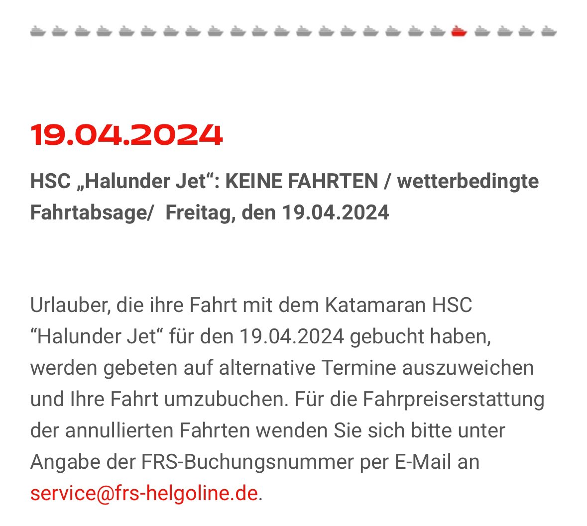 die_elbefaehre's tweet photo. ‼️ ‼️ Bad NEWS ‼️ ‼️ 
Die Verbindung #Brunsbuettel >< #Cuxhaven muss morgen, Fr., 19. April, witterungsbedingt leider komplett entfallen. Die nächste Möglichkeit der Elbquerung besteht am So., 21. April, mit dem #HalunderJet der #FRS. #dieElbefaehre [os] 🌬️ https://t.co/DOSrT9a1Oa