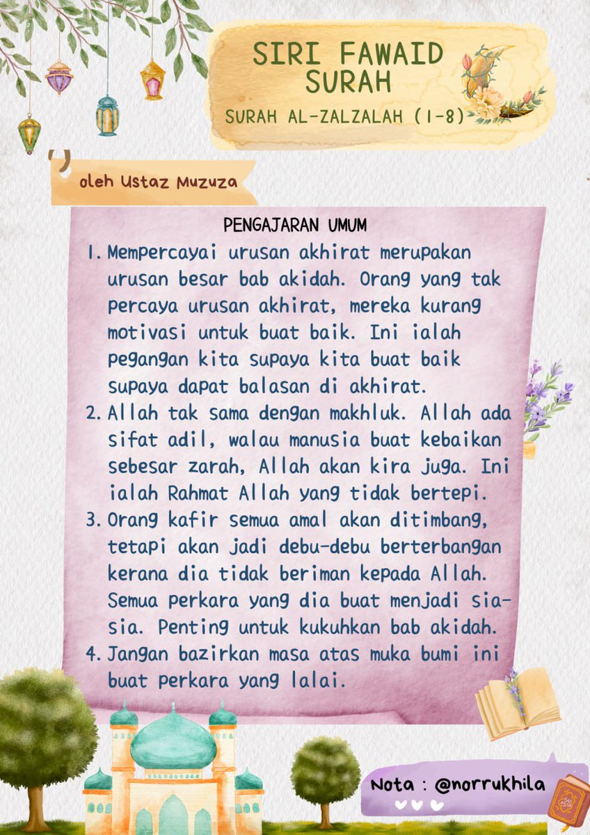 @Muzuzxck 🗒️Nota Siri Fawaid Surah ✨Surah Al-Zalzalah Nota dicatat daripada sesi Siri Fawaid Surah oleh Ustaz @Muzuzxck #SurahAlzalzah *Maaf jika ada kesilapan dalam penulisan nota. 2/2