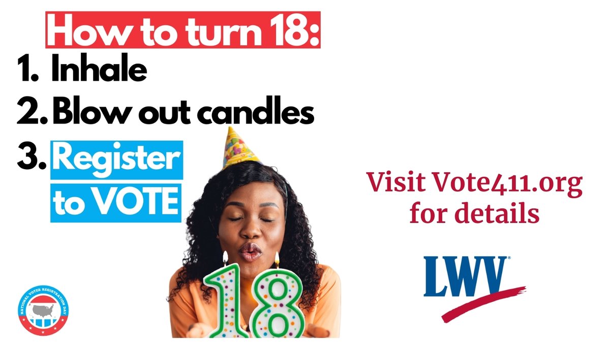 Turn 18 since the last election? 🎂 Congrats! Buuuut are you #VoteReady? 🤔 Make sure you get registered to vote.

Learn how to register at Vote411.org.

#LWVD #LWVT #LWV #Vote411 #VoteReady