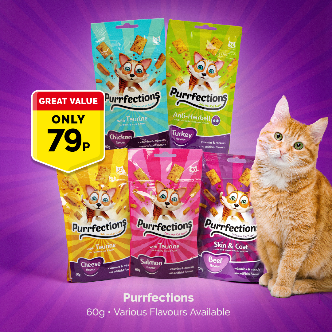 Purrfections cat treats in a variety of flavours 60g are just 79p. Stock up now, your feline friends will love it 🐈