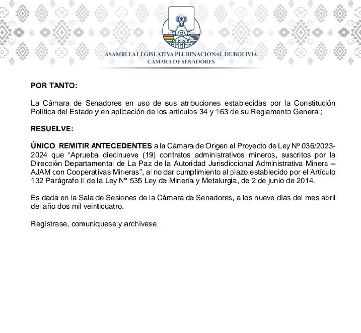 3/3 En sesión del 09/04, @SenadoBolivia aprobó una Resolución, q remitió antecedentes d 19 #ContratosMineros a la Cámara Baja por incumplir plazo legal, a la q @DiputadosBol respondío con una simple carta, sin fundamento jurídico para argumentar q dicho plazo corre desde el 25/01