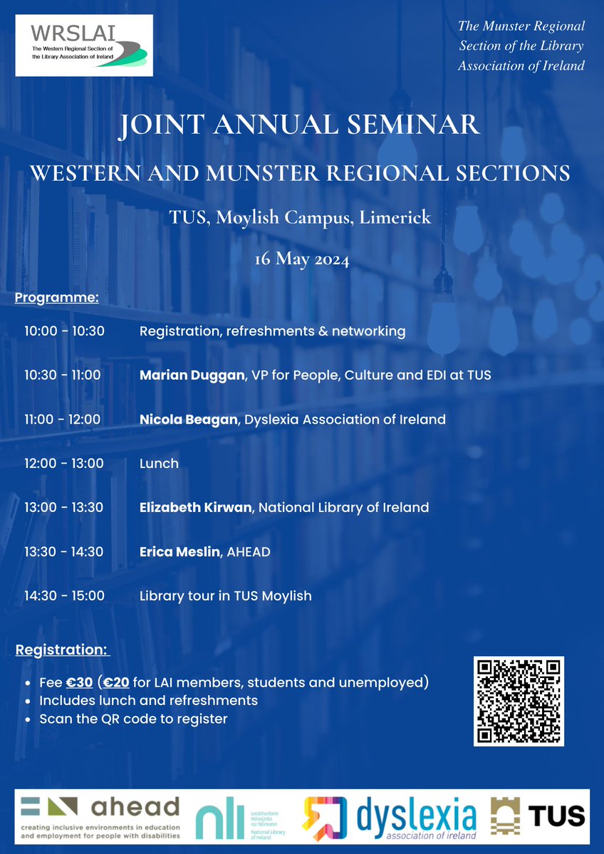 Drumroll! 🥁 Introducing the programme for our joint seminar with the Munster Regional Section on 'EDI in the Library'🎉 It's our first in-person event since 2019 so don't miss out and join us on 16 May in @TUS_LibraryMW. Registration now open: docs.google.com/forms/d/e/1FAI…