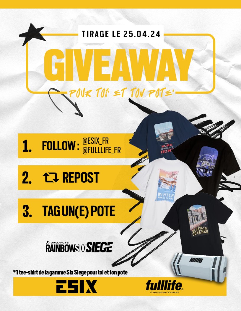 ESIX_FR's tweet photo. 🚨 Grâce à @Fulllife_fr on vous fait gagner non pas un mais 2⃣ t-shirts* de la gamme Six Siege ! 👕 🎉

Pour participer : 
❤️ Follow @ESIX_FR & @Fulllife_fr 
🔁 Repost
🗨️ Tag un(e) pote 

TAS : 25/04/2024

* 1⃣ pour toi et 1⃣ pour la personne que tu tag !