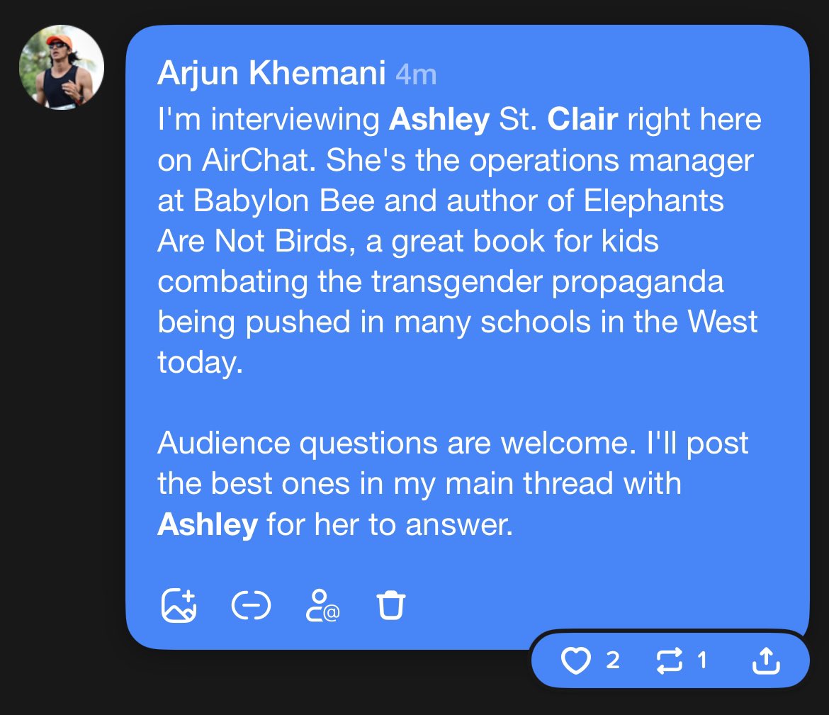 I’m interviewing @stclairashley on Airchat about immigration, free speech, @X, and more. Join the conversation if you’re on the app (link below).