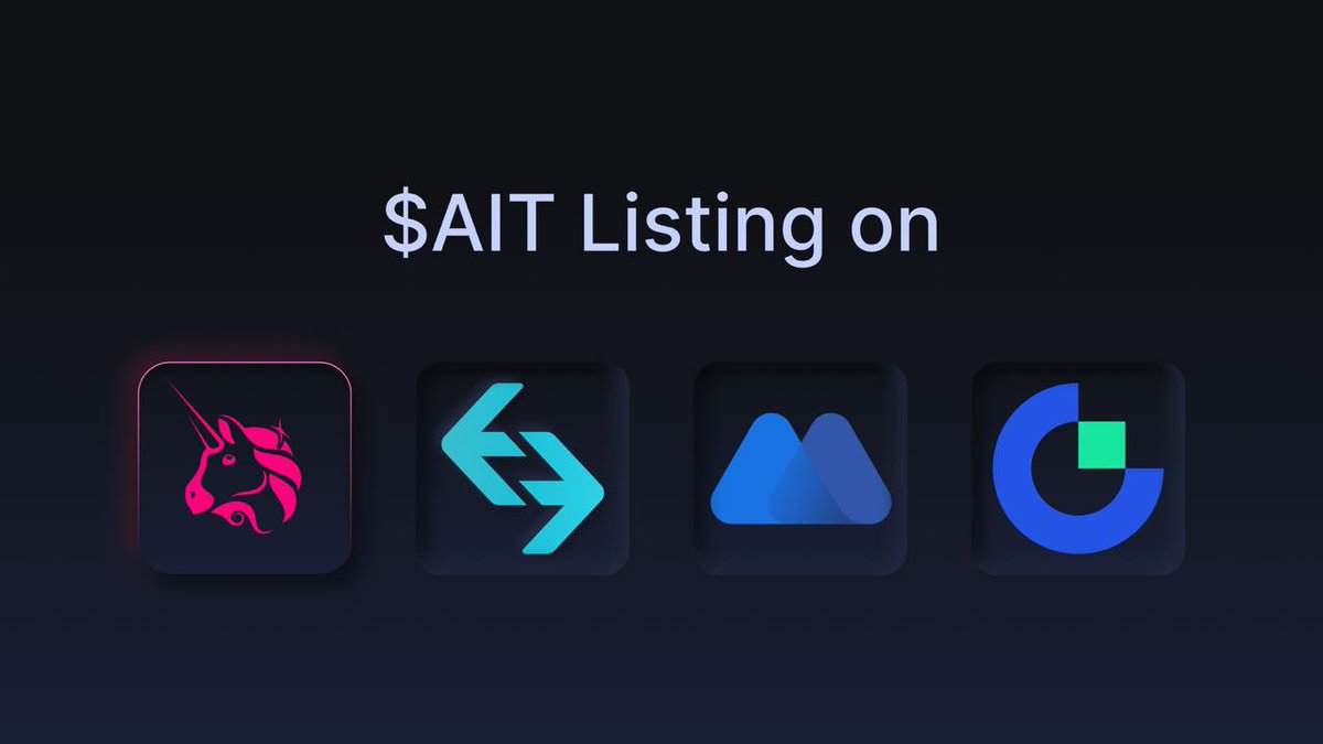 AITProtocol's tweet photo. 🤖 The wait is over. 

$AIT is now Live on: @MEXC_Official , @gate_io and @bitgetglobal 

Gate: https://t.co/0cIMQx4re8
Bitget: https://t.co/kj5wDKlLYO
Mexc:  https://t.co/78dZs6AtLk

📄 Official $AIT contract address:
0x89d584a1edb3a70b3b07963f9a3ea5399e38b136

$AIT has landed on Centralized Exchanges. 🔥 

More development updates coming up soon! #AI