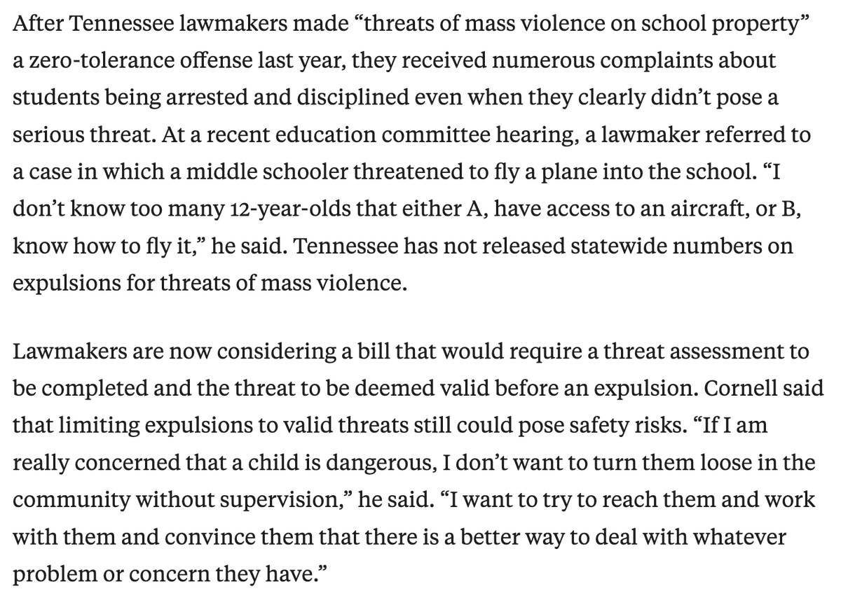 Tennessee is pushing zero tolerance as the answer to dealing with threats of mass violence against schools. That approach, experts say, is not backed by research and could make communities less safe.
propublica.org/article/how-sc…