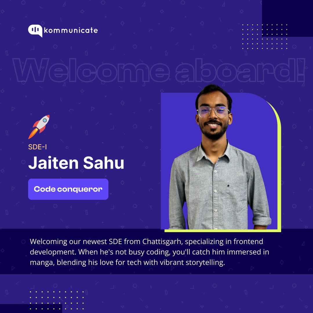 Join us in welcoming our newest addition to the team! 🎉

Thrilled to have Jaiten Sahu on board as our Software Development Engineer I.

Get ready to code brilliance! 💻✨

#newjoinee #coding #hiring #newtalent
