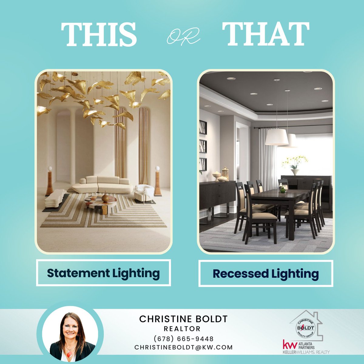 ChristineBoldt's tweet image. Shed some light on your preference! 💡  

Are you Team Statement Lighting, adding flair and personality, or Team Recessed Lighting, keeping it sleek and subtle? ✨ Share your preference in the comments! 🏡👇🏻  

#ChooseThursday #ThisOrThat #LightingStyle #HomeImprovement