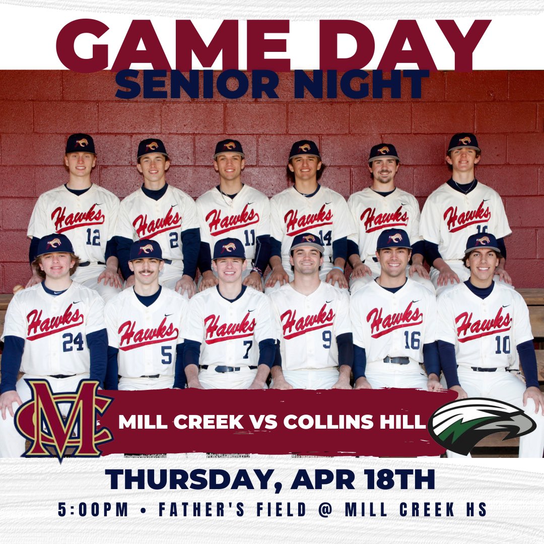 Tonight we recognize the Mill Creek Baseball Class of 2024. Come join us in celebrating these young men who have been a part of two region championships, two region runner-up finishes, two state final four finishes and are still going for more! #mchawksbaseball #classof2024