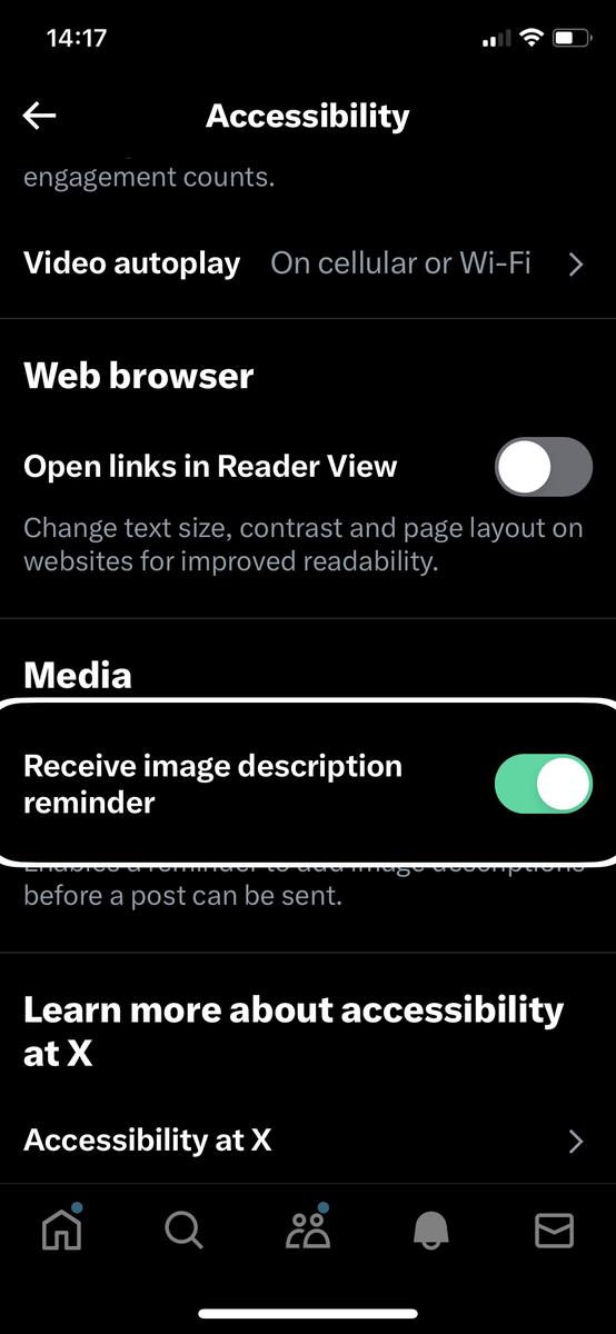 2/2 You can set X to remind you to include an #alt-tag when you post. Go to your profile, then Settings & Privacy, then Accessibility, then Media, and turn on the image description reminder. Hey presto, we can all enjoy those photos of your cat or your beans on toast.