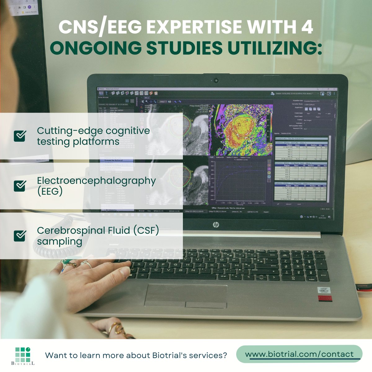 Biotrial is expanding its CNS/EEG Expertise with 4 ongoing studies utilizing advanced pharmacodynamic assessments in both France and the US:
✅Cutting-edge cognitive testing platforms 
✅Electroencephalography (EEG)
✅Cerebrospinal Fluid (CSF) sampling