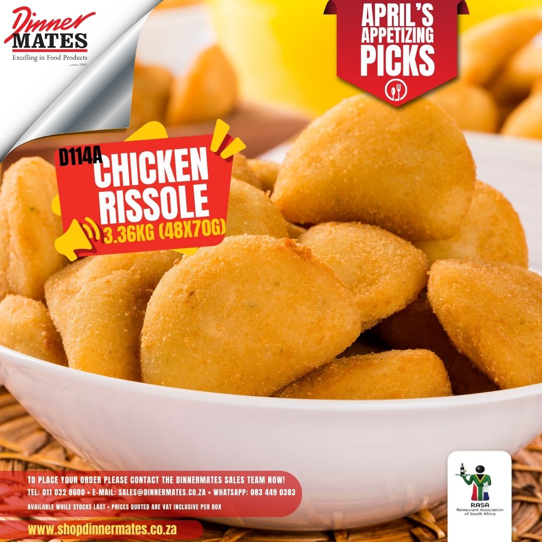 𝗖𝗵𝗶𝗰𝗸𝗲𝗻 𝗥𝗶𝘀𝘀𝗼𝗹𝗲 ~ 𝟯.𝟯𝟲𝗸𝗴 (𝟰𝟴 𝘅 𝟳𝟬𝗴) Delight in the succulent taste of our Chicken Rissoles, crafted from premium chicken meat. 🍗 #AprilPicks #ChickenRissole #CrumbedChicken #BeefBurger #FoodieFinds #dinnermates #ommodigital shopdinnermates.co.za