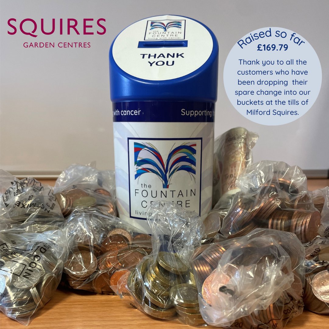 Thank you to @SquiresGC in Milford for having our collection tins. When you drop that spare change which has been lurking in the bottom of your bag or pocket into one of our buckets you are helping us continue to support our patients and their families. #fountaincentre