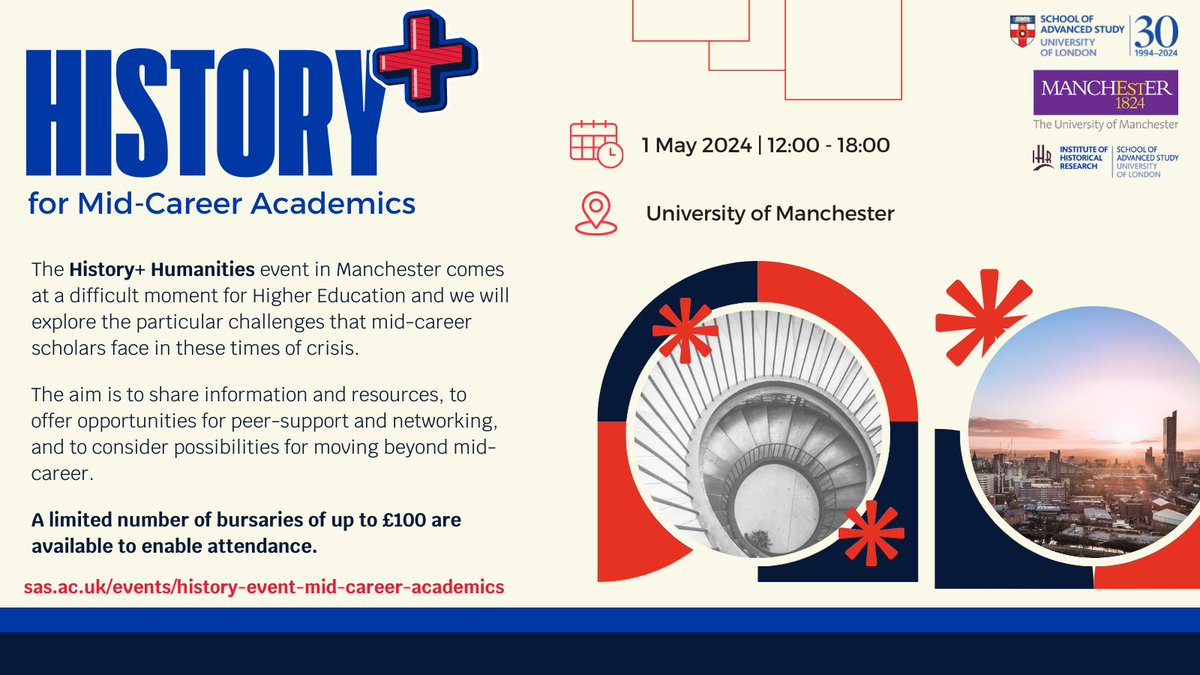 🚨 Calling all mid-career academics in the #humanities 🚨 Join us on the 1 May at @UoMhistdept, for our #History +Humanities event, as we explore the challenges and opportunities we can provide for peer-support and networking. Limited bursaries available to enable attendance
