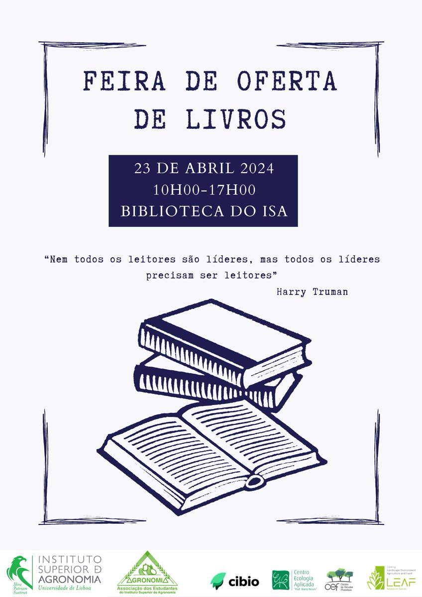 No  âmbito do Dia do Livro, a BISA promove a “Feira de Oferta de Livros” a  realizar dia 23 de abril, das 10h00 às 17h00, na Biblioteca do ISA.
isa.ulisboa.pt/vida-no-isa/de…