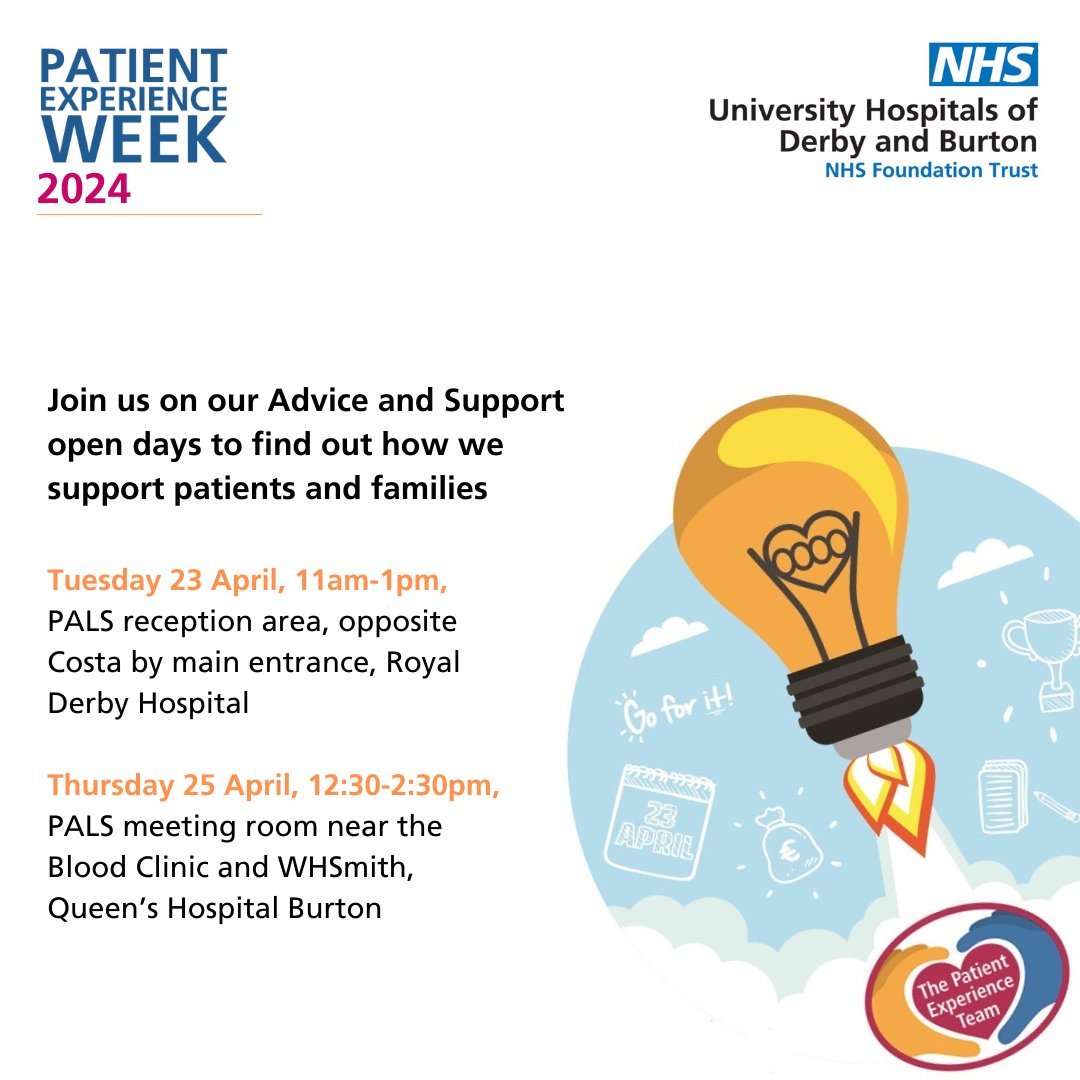 Next week is Patient Experience Week 2024 at UHDB, and <a href="/UHDB_PatientExp/">UHDB Patient Experience Team</a> are holding open days for both staff and the public to celebrate.
Drop in on either of the below dates to find out how we support our patients and their families.
