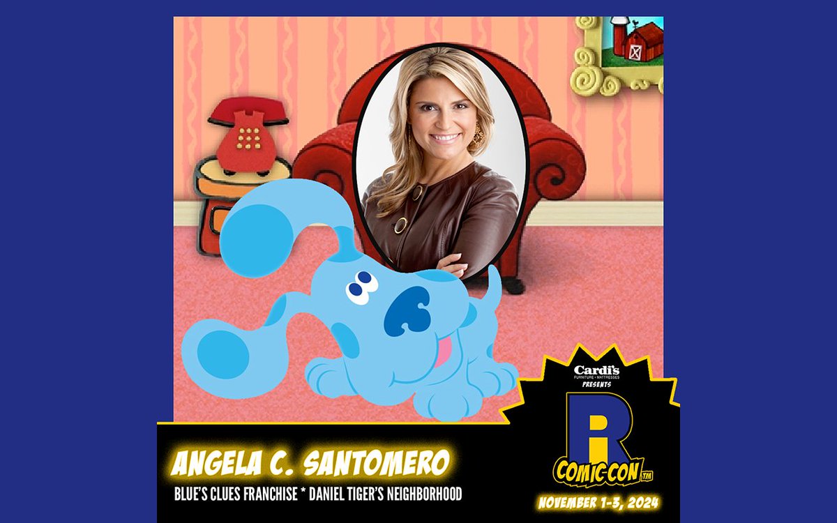Please welcome Angela C. Santomero to #RICC2024! She is the co-creator of the Blue's Clues franchise, as well as Daniel Tiger's Neighborhood, Creative Galaxy, Wishenpoof, and Colorforms. Buy your tickets now and come back tomorrow for our final #BluesClues guest!