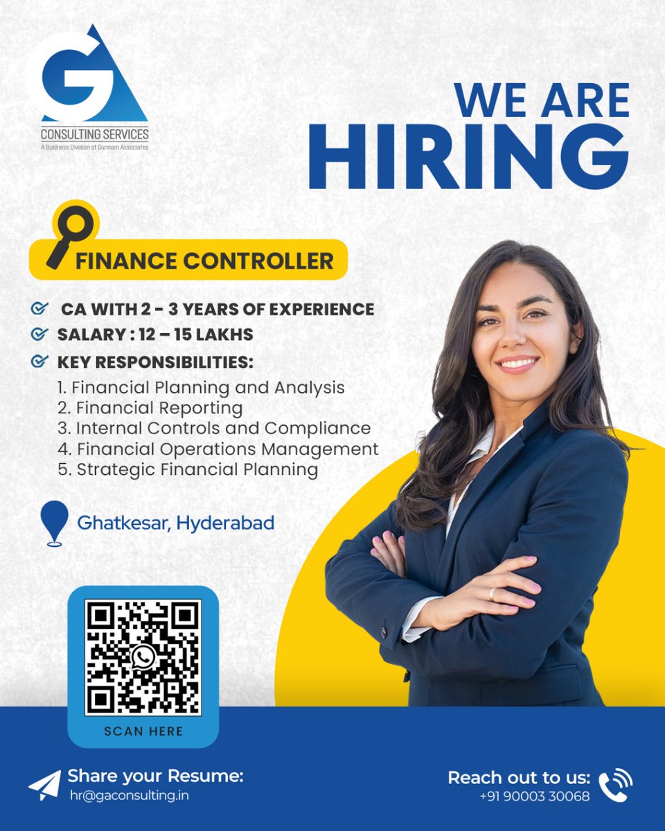 We're hiring for a CA qualification. Join us if you're a qualified Chartered Accountant ready to excel in our team. #gaconsulting #hiringnow #hiring #jobaportunity #joinus #ca #chartedaccountant #jobhunt #jobseker #Hyderabad