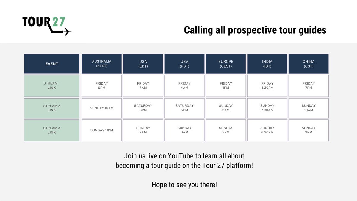 Tour27_'s tweet photo. Hi there tour guides! We'll be hosting 3 live Q&A info sessions on YouTube over the coming days (Fri 19 Apr - Sun 21 Apr).
**Schedule pictured & stream links here**
📣Stream 1 – https://t.co/1ua6DM4WIb 
📣Stream 2 - https://t.co/ejRxv3ZCsJ 
📣Stream 3 – https://t.co/QgCZfUKzBU
 
These information sessions will help answer any questions you may have with registering as a tour guide on the Tour 27 Platform, creating your first tour, navigating all of the features and much more!
 
There will be live Q&A sessions and polls, so you can have your questions answered directly and have your say in how the platform should proceed when it launches on the 4th of May, which is soon approaching!

Follow the link to the session time that suits you best and click on the “Notify me” toggle so that you get a reminder before the session starts!

Looking forward to seeing you there!
Lucas Davies
Tour 27 Founder

#TourGuides #Tourism #VirtualTourism #TravelTips #ExploreWithUs #Tour27 #TravelCommunity #GuidedTours #TourismProfessionals #travel