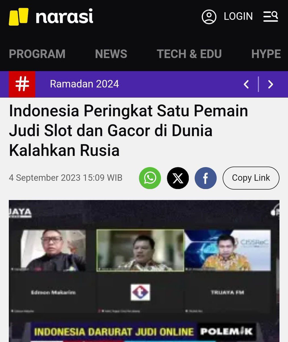 . . Malu banget gasi ANJG ??!! Ditengah Pemerintah Koar-Koar menuju Generasi Indonesia Emas Tapi kita disuguhi Fakta kualitas Masyarakat kita makin merosot kek gini - Juara 1 jumlah Pemain Judi Slot di Dunia - Lu bayangin aja tuh Prestasi kita Jadi pengen nanya, 'Kerjaan Lu